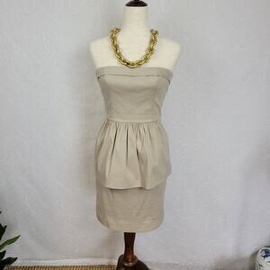 BCBG MaxAzria Huxley Dress Womens 4 Pumice Tan Khaki Strapless Peplum‎ Cocktail